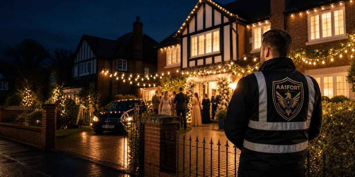 AA1FORT security officer watching the entrance of a brightly lit UK home wedding